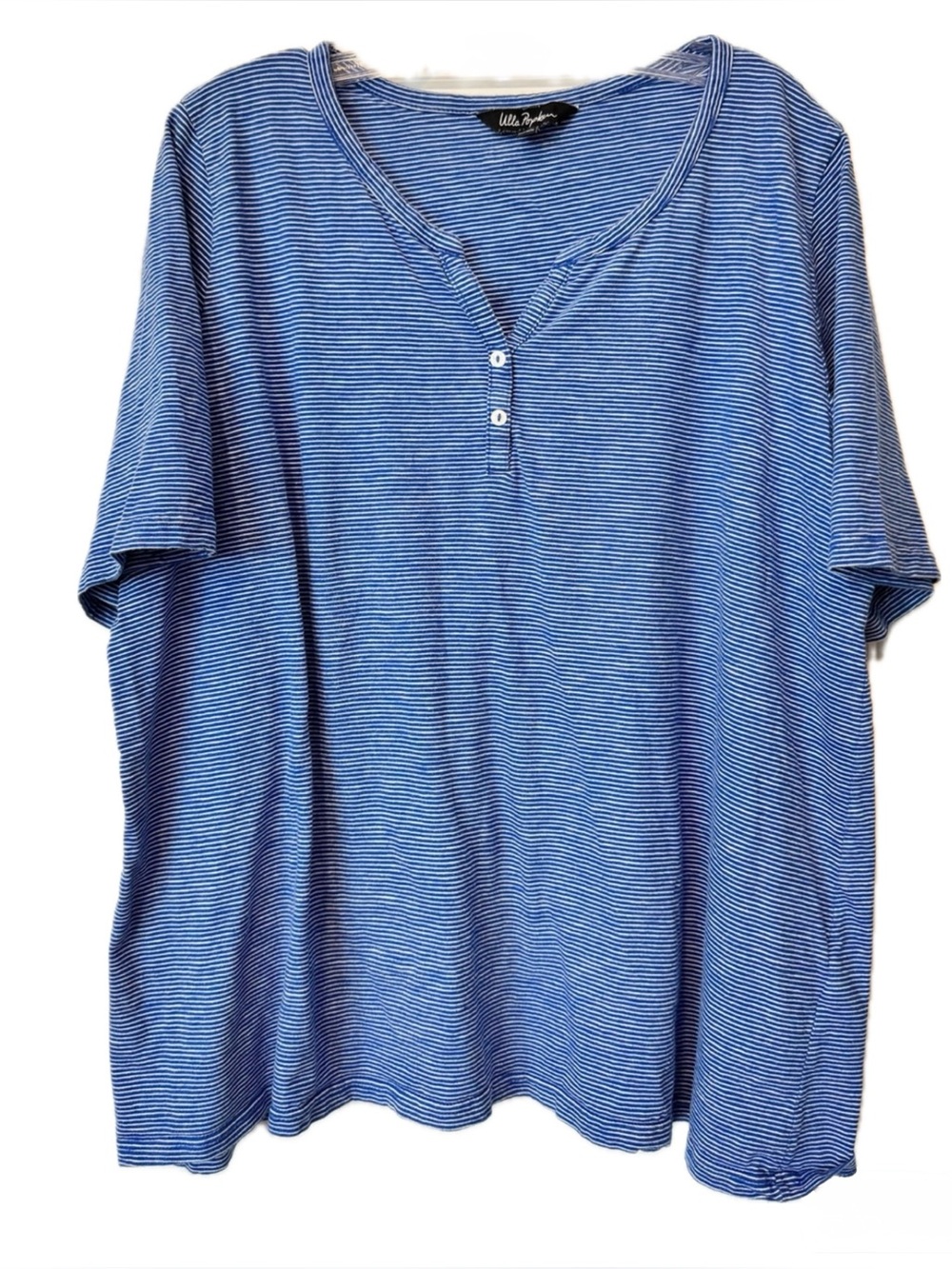 Ulla Popken Blue White Striped Henley Top Plus Size 20/22 Short Sleeve Casual